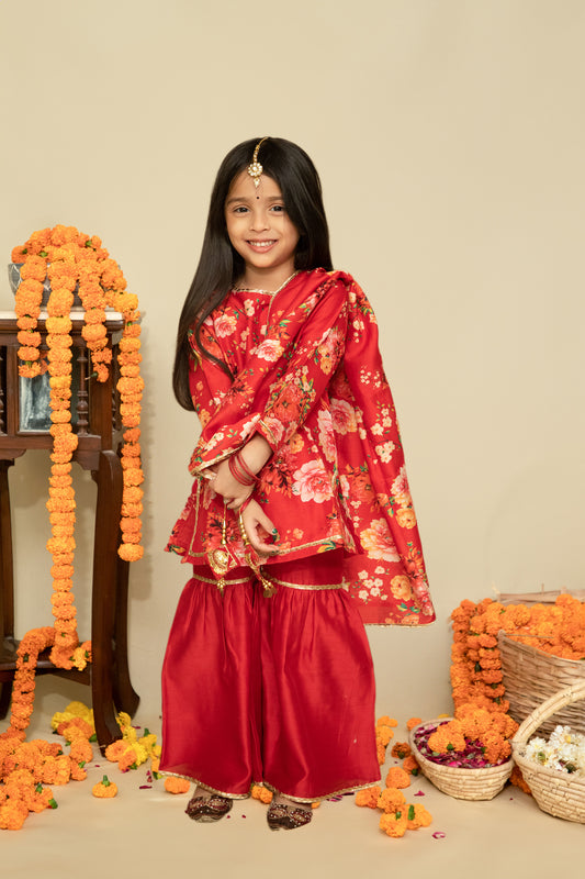 Red Floral Handwoven Chanderi kids Sharara Set