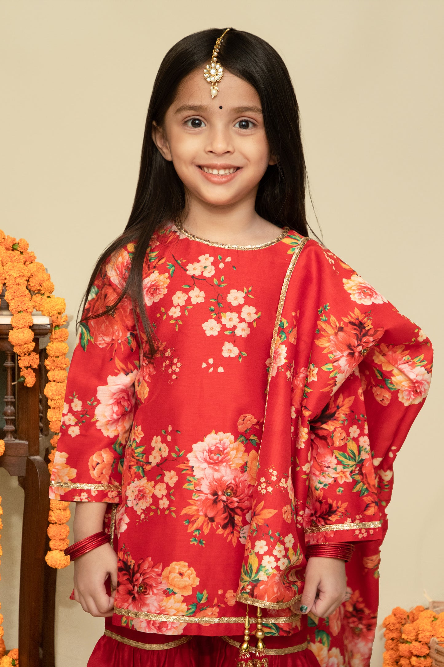 Red Floral Handwoven Chanderi kids Sharara Set