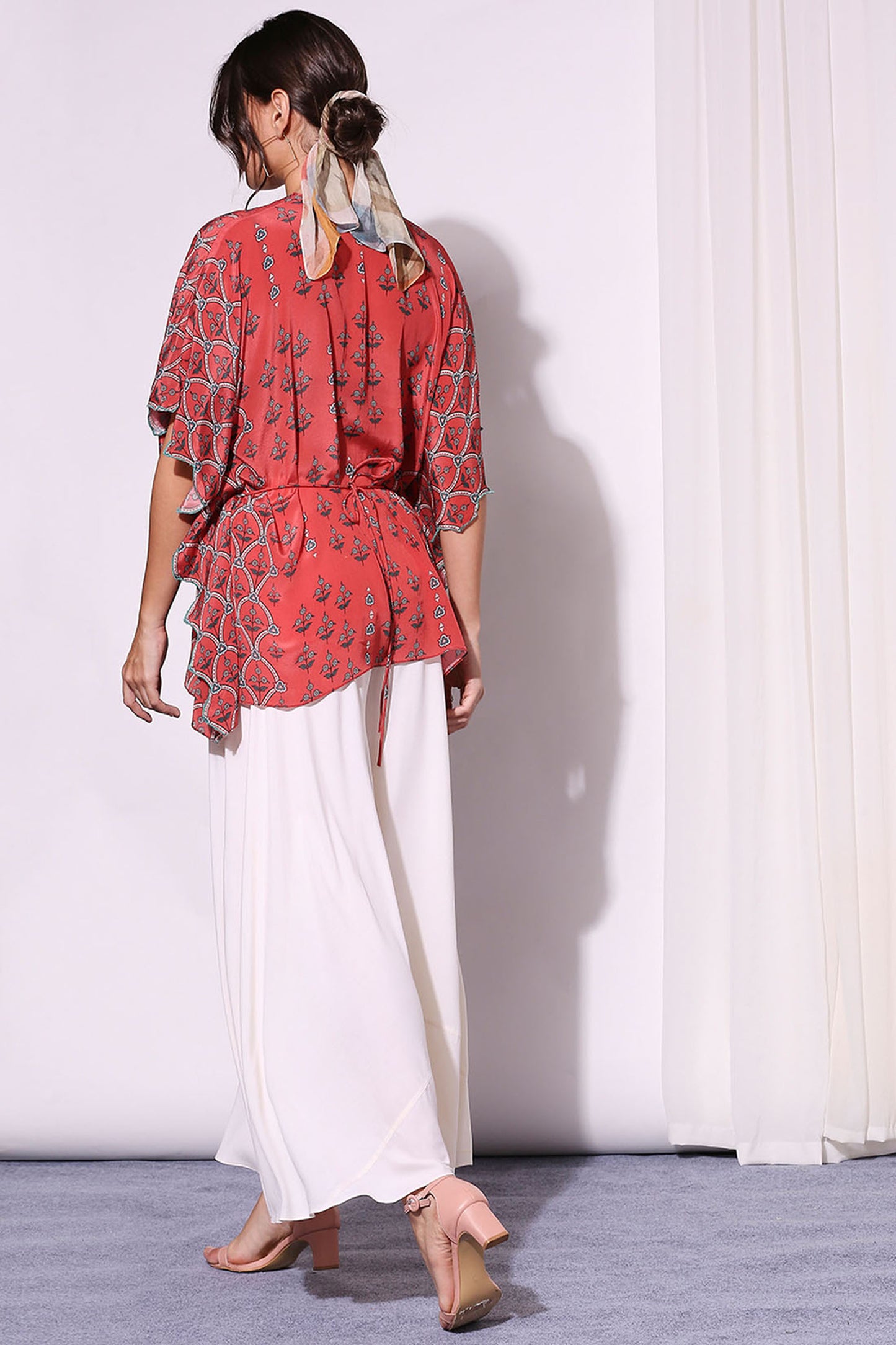 Ethnic Blush Red Floral Printed Kaftaan Top And Pants