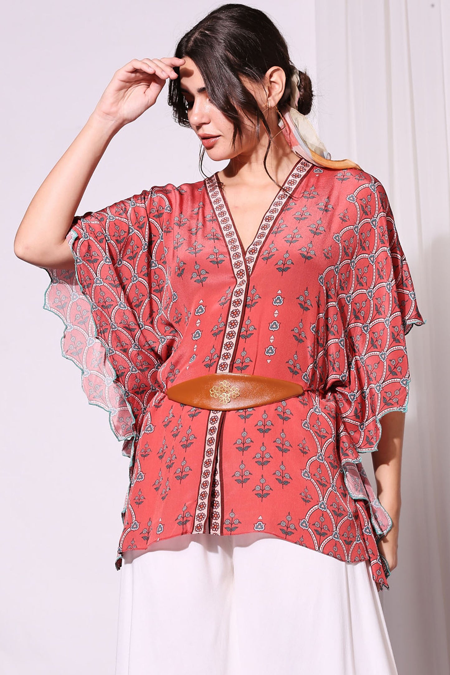 Ethnic Blush Red Floral Printed Kaftaan Top And Pants