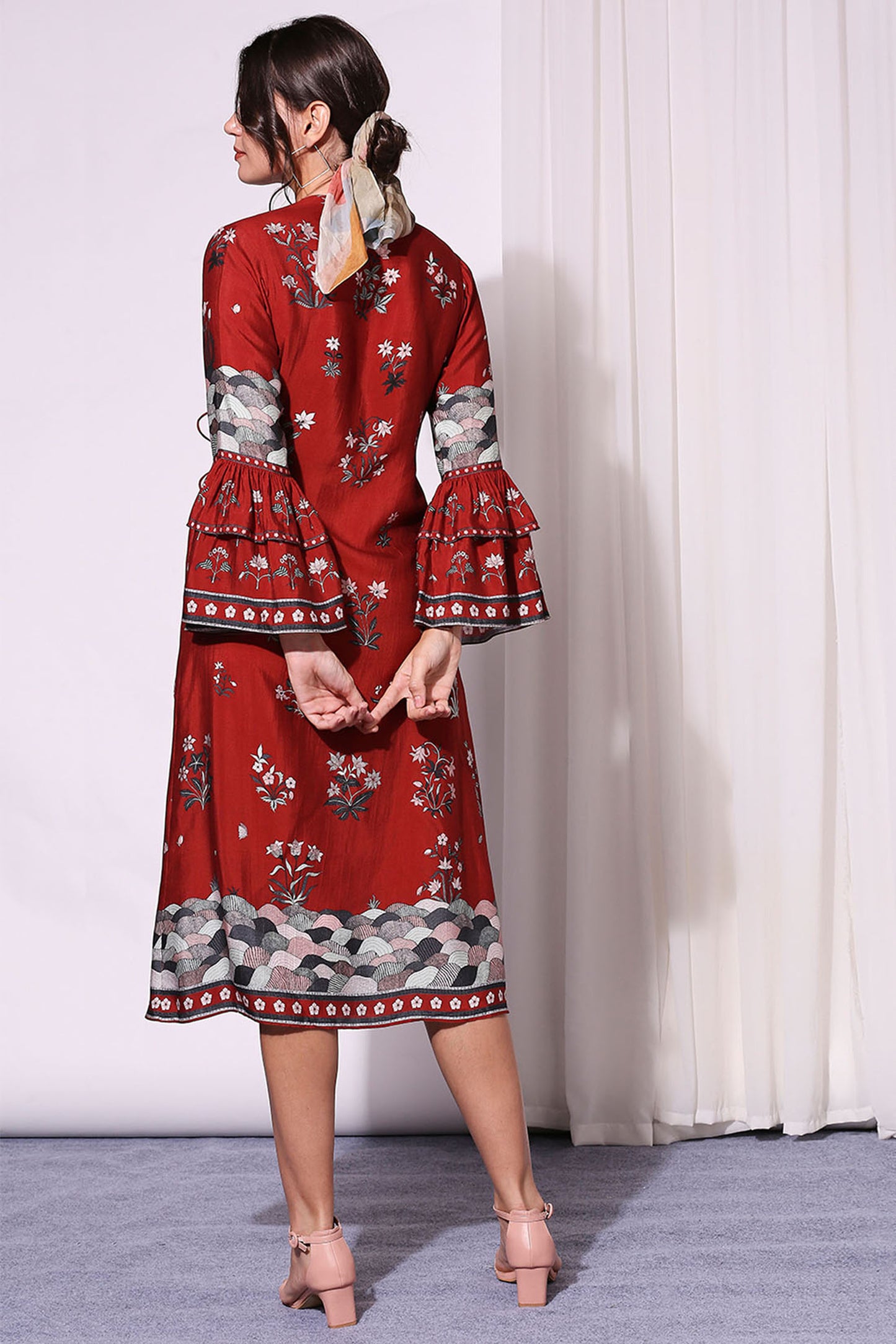 Merlot red Chanderi Overlap Printed Dress With Bell Sleeves