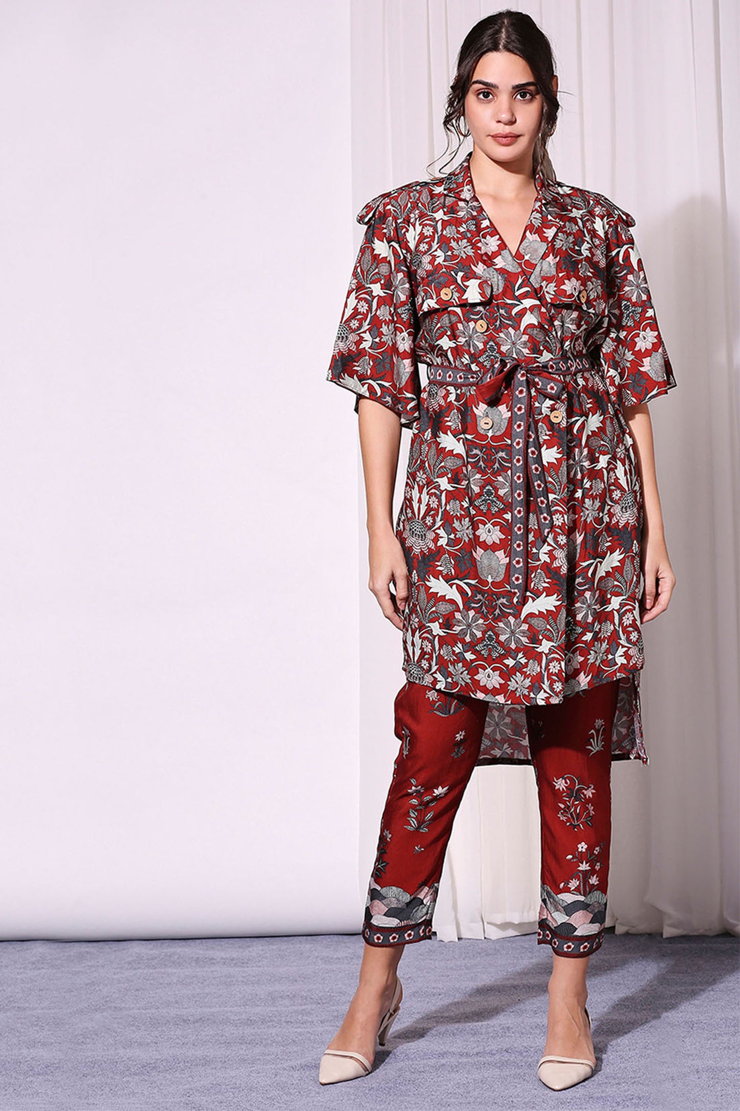 Maroon Chanderi Night Floral Printed Jacket And Pants