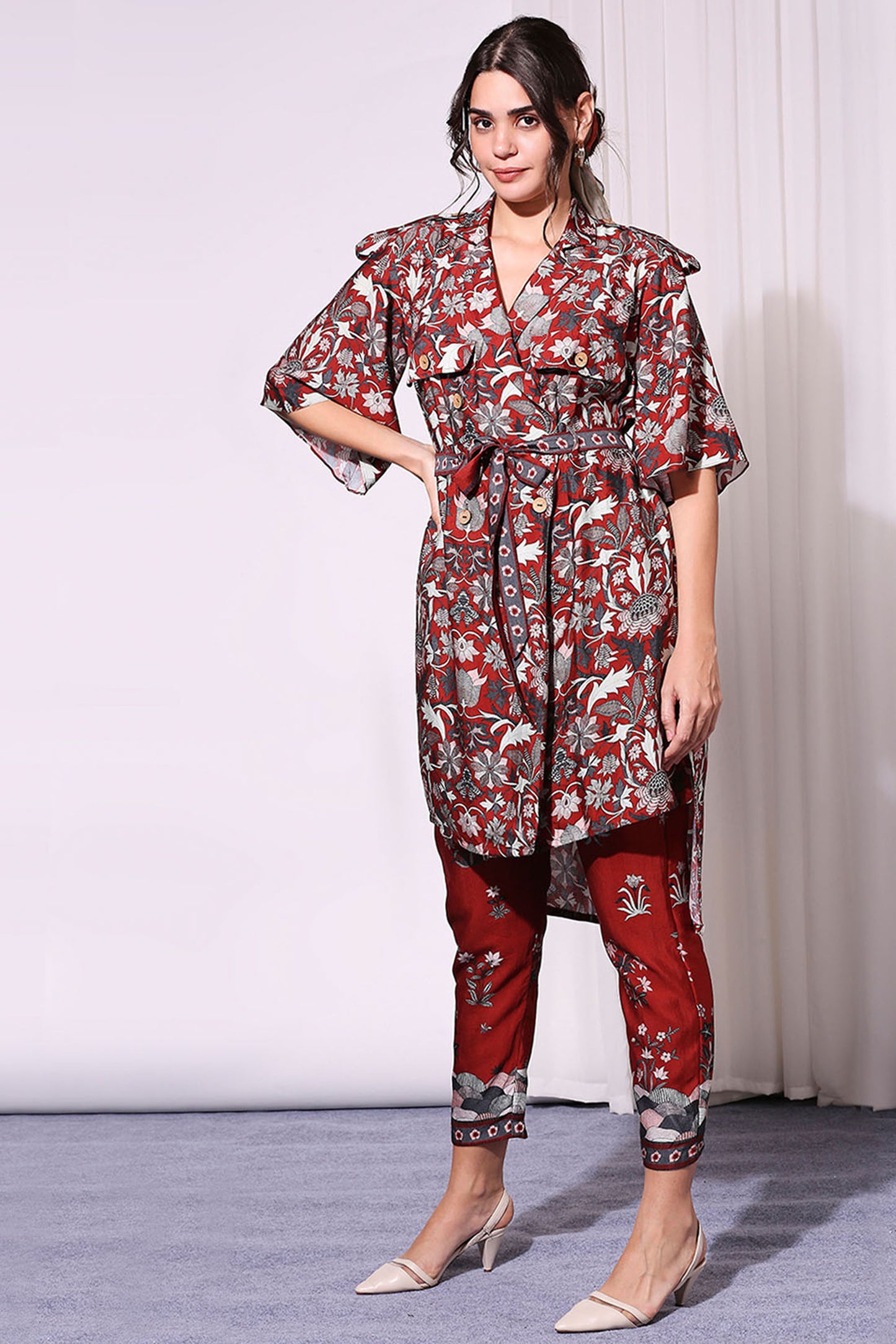 Maroon Chanderi Night Floral Printed Jacket And Pants