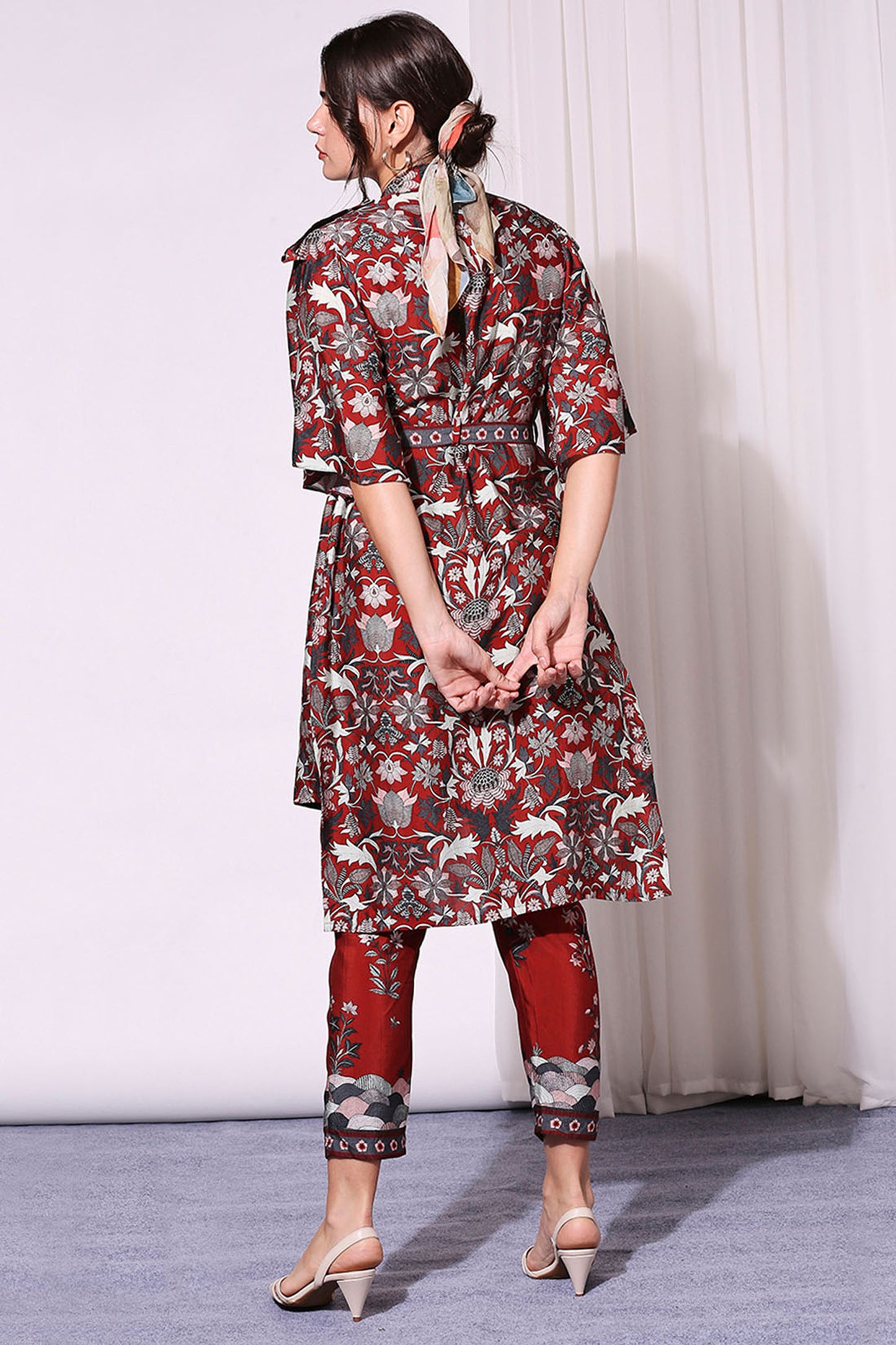 Maroon Chanderi Night Floral Printed Jacket And Pants