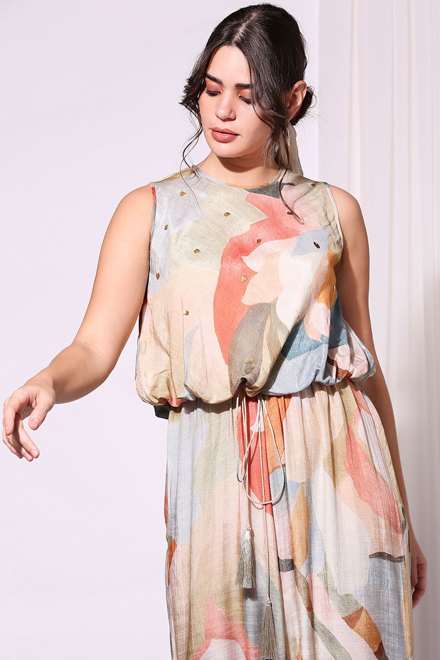 Multi colour Muslin Slub Conversational Printed Jumpsuit With Waist Tie-Up