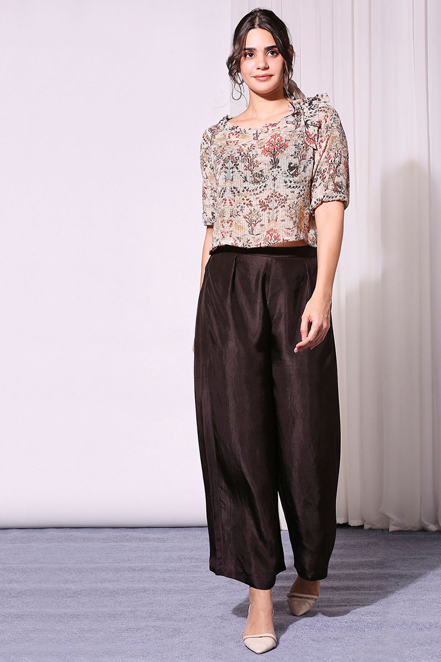 Beige & Black Printed Sequin Off-Shoulder Top Paired With Pants