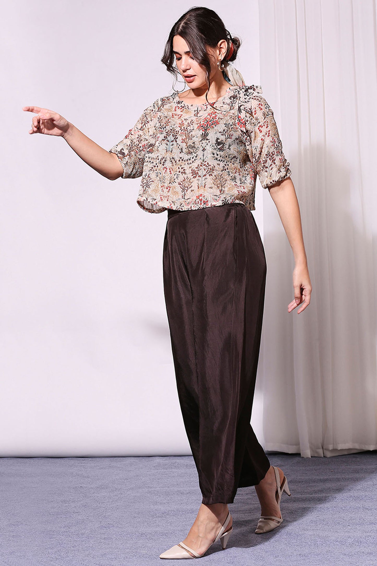 Beige & Black Printed Sequin Off-Shoulder Top Paired With Pants