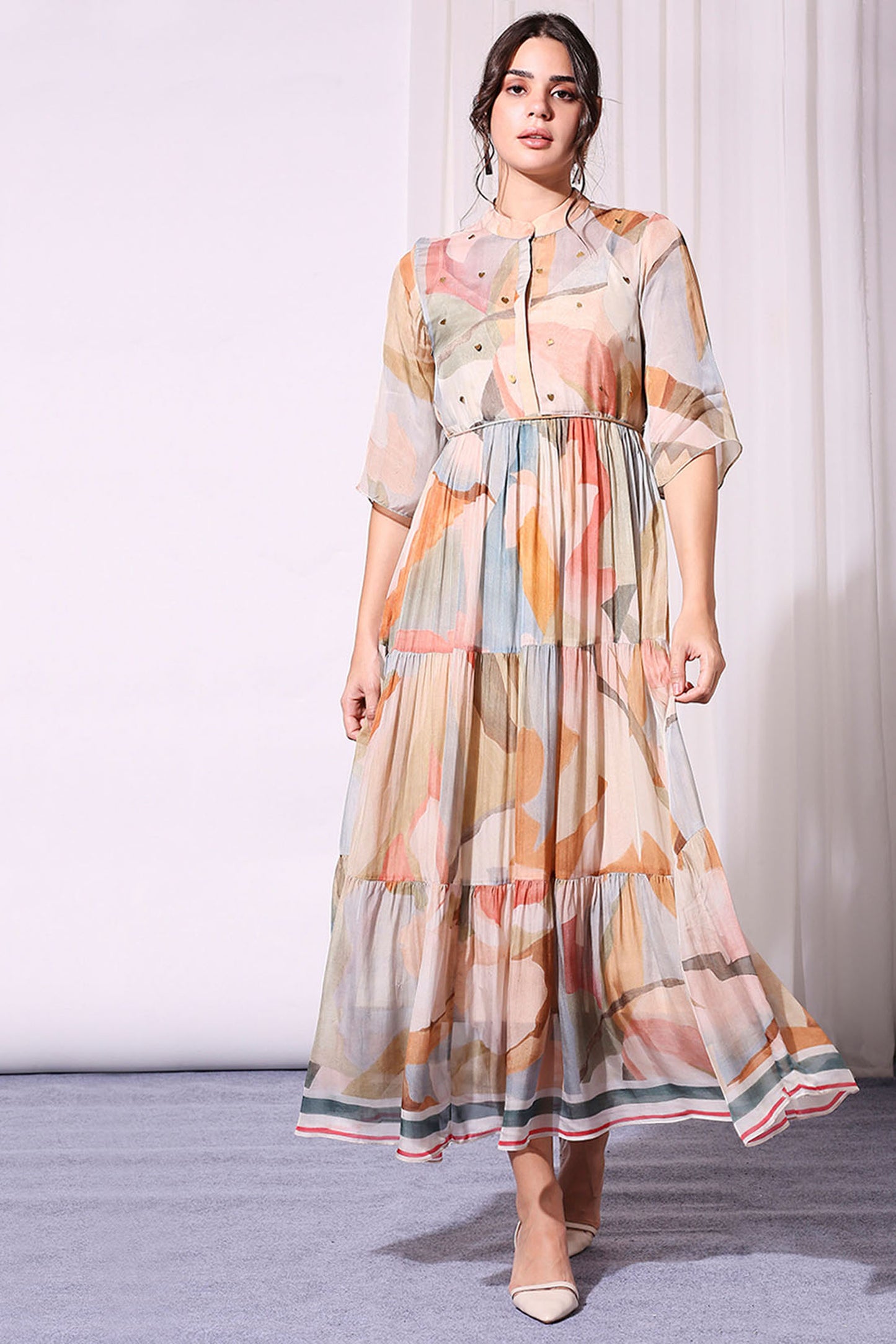 Multi color Chiffon Conversational Printed Tiered Dress