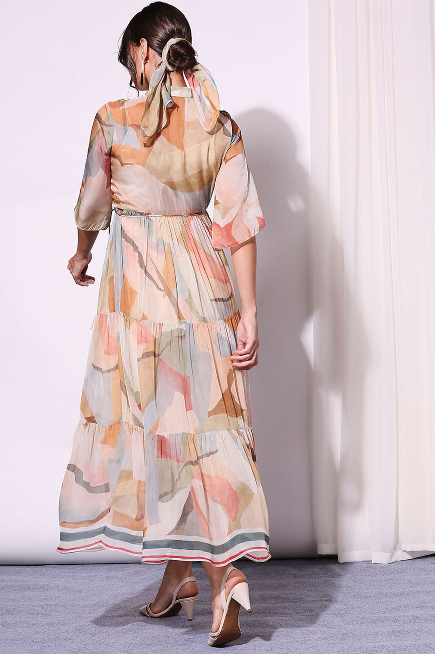 Multi color Chiffon Conversational Printed Tiered Dress