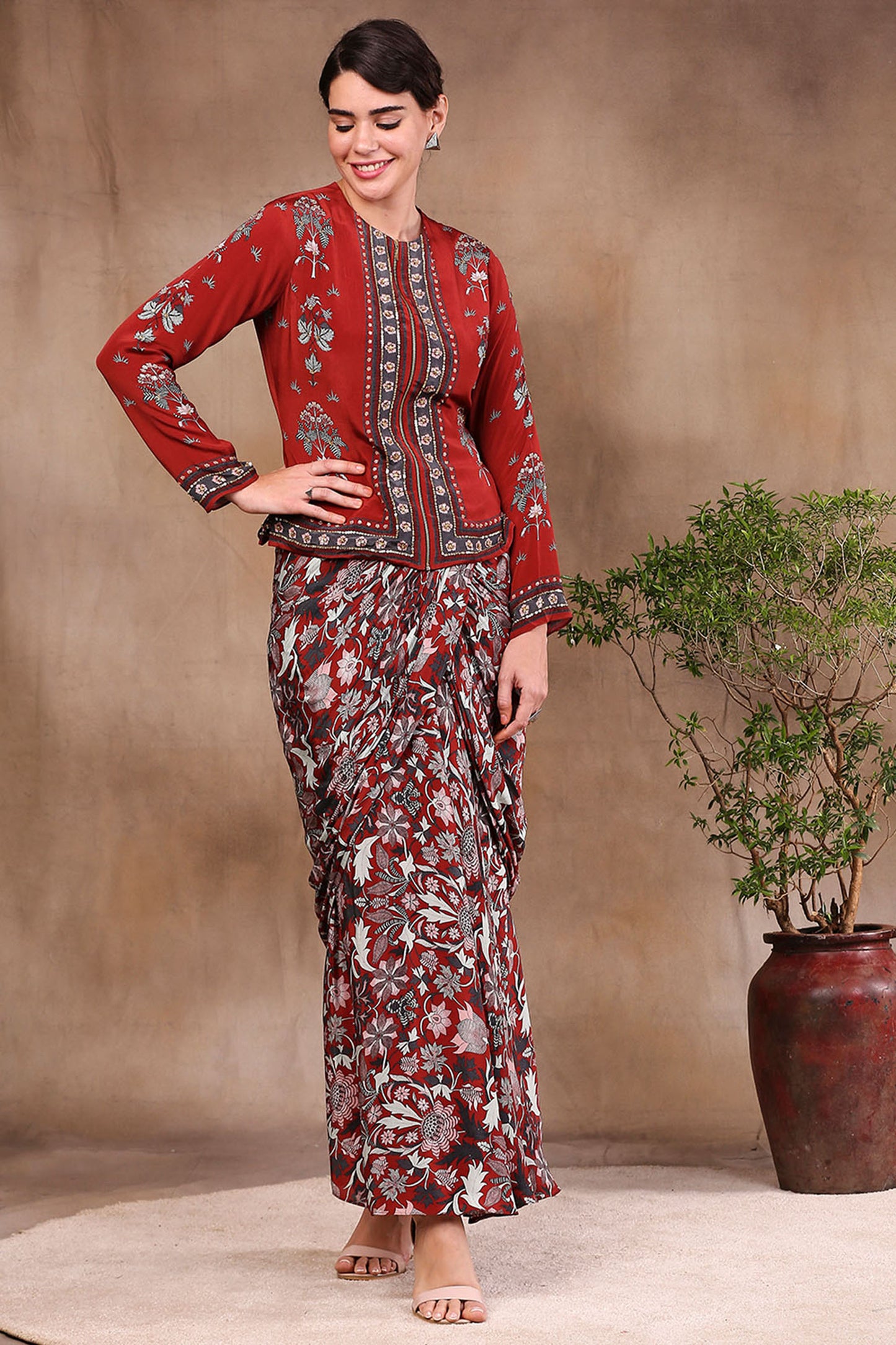 Maroon Crepe Night Floral Printed Drape Skirt With Jacket