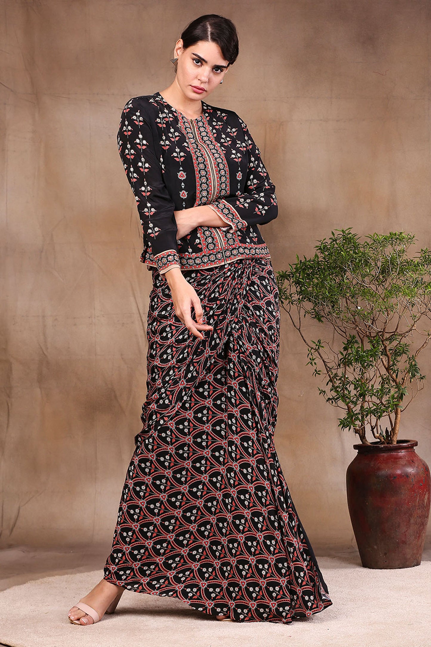 Black Crepe Ethnic Folklore Printed Drape Skirt With Jacket