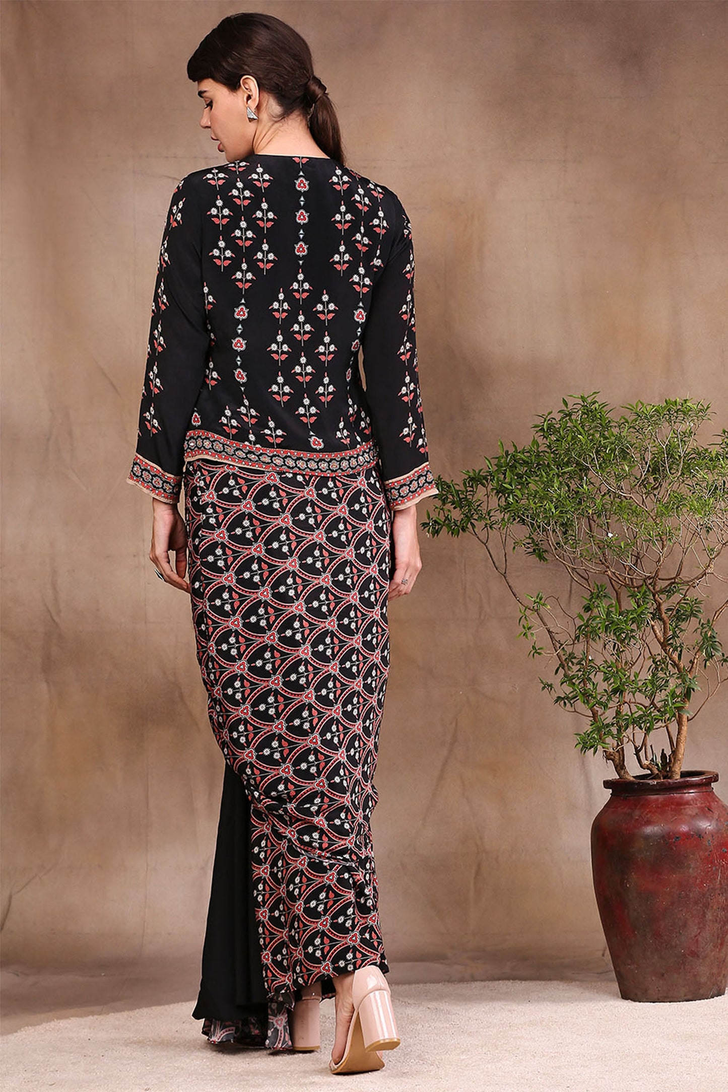 Black Crepe Ethnic Folklore Printed Drape Skirt With Jacket