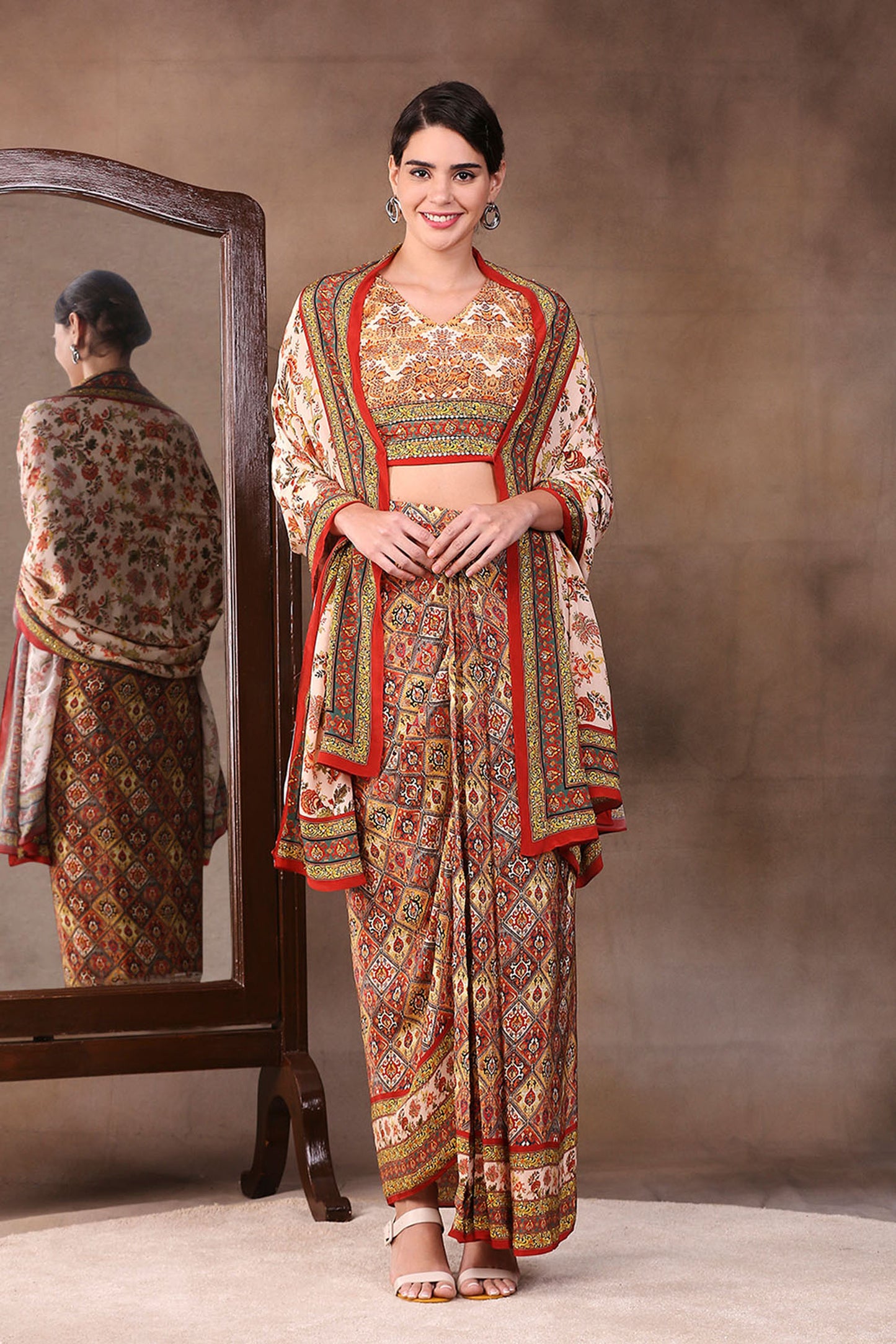 sand beige Crepe Ethnic Folklore Printed Drape Skirt Set With Dupatta