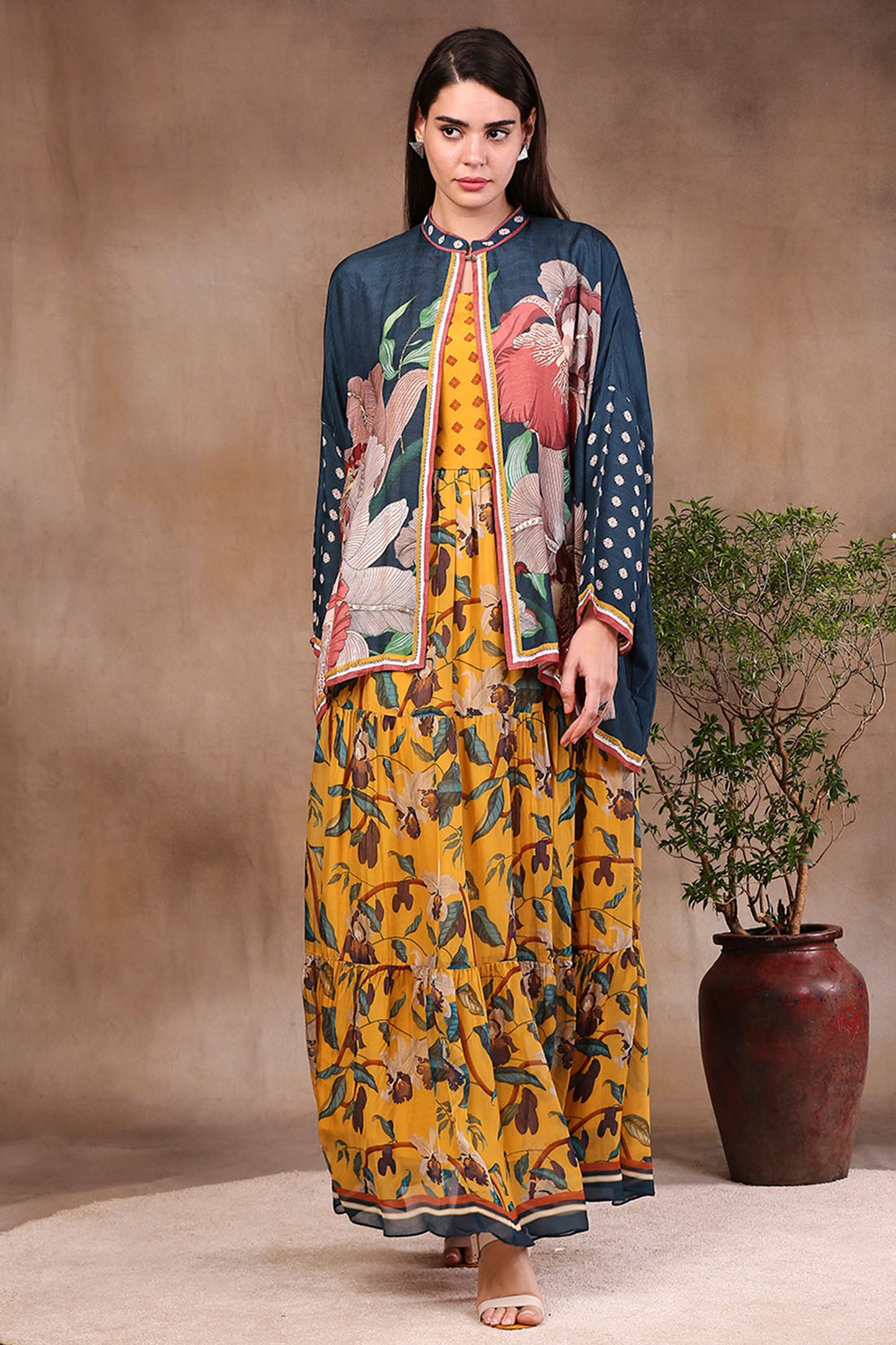 Mustard and bottle green Orchid Bloom Printed Long Dress With Jacket