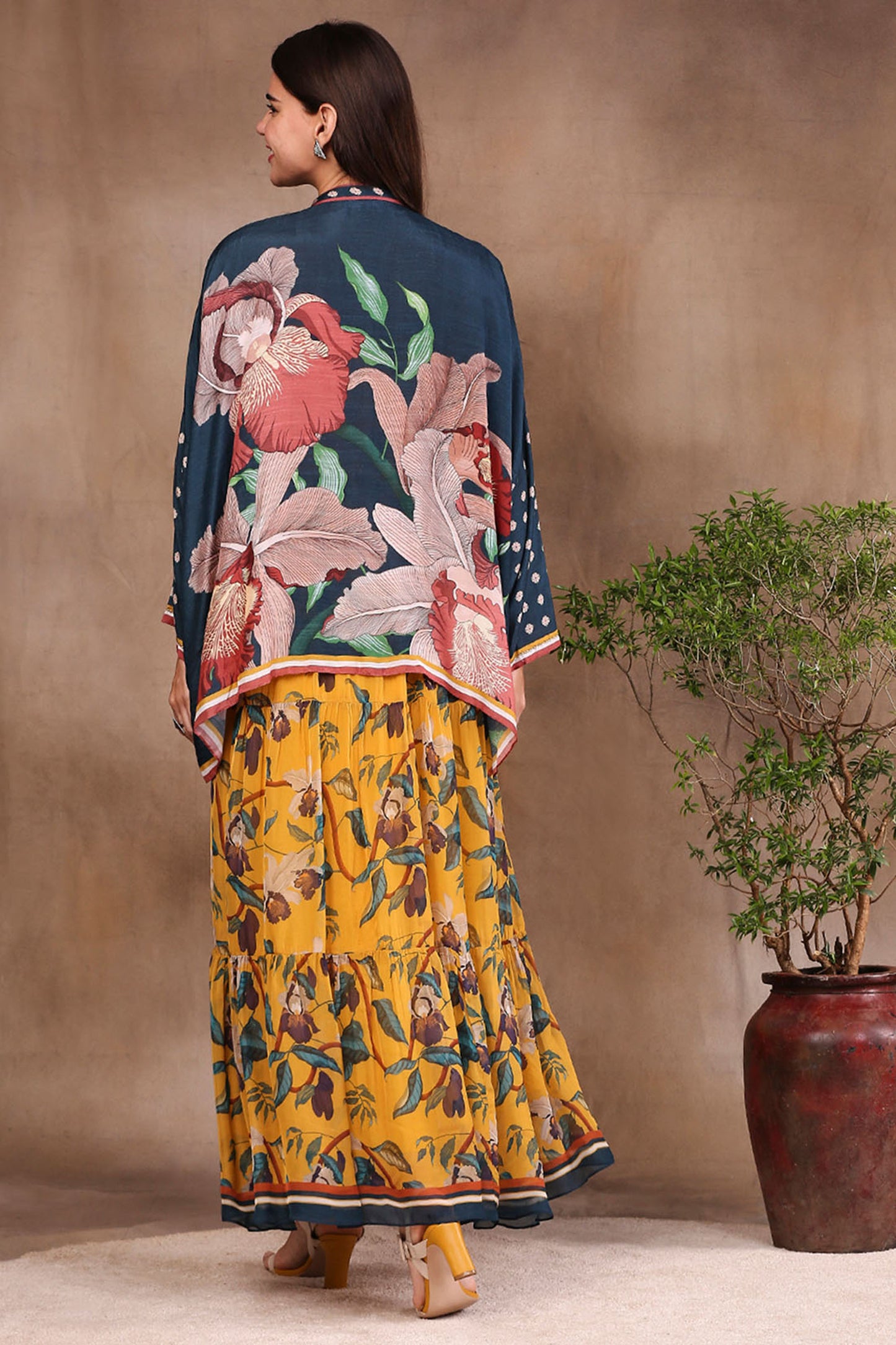 Mustard and bottle green Orchid Bloom Printed Long Dress With Jacket