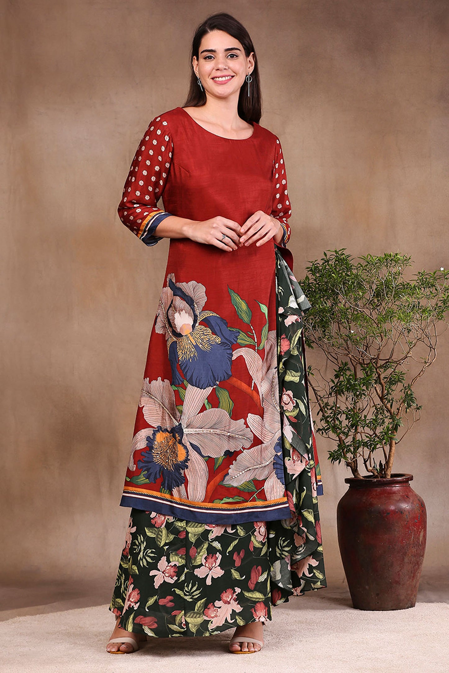 Maroon Malaysian Silk Orchid Bloom Printed Kurta With Draped Pants