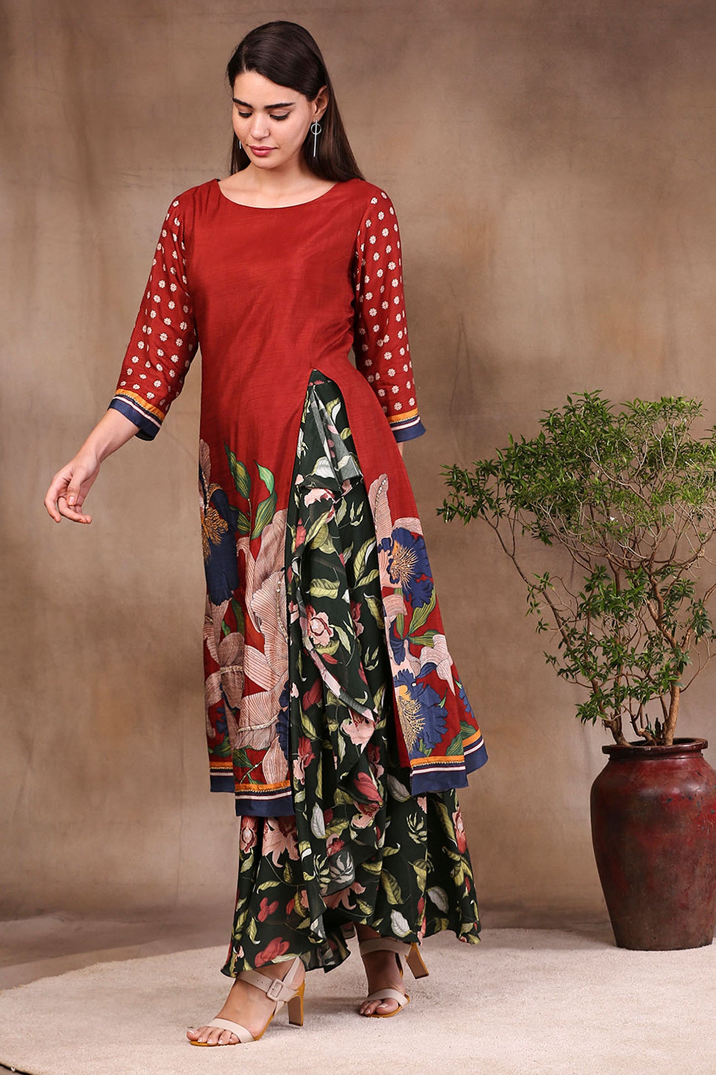 Maroon Malaysian Silk Orchid Bloom Printed Kurta With Draped Pants