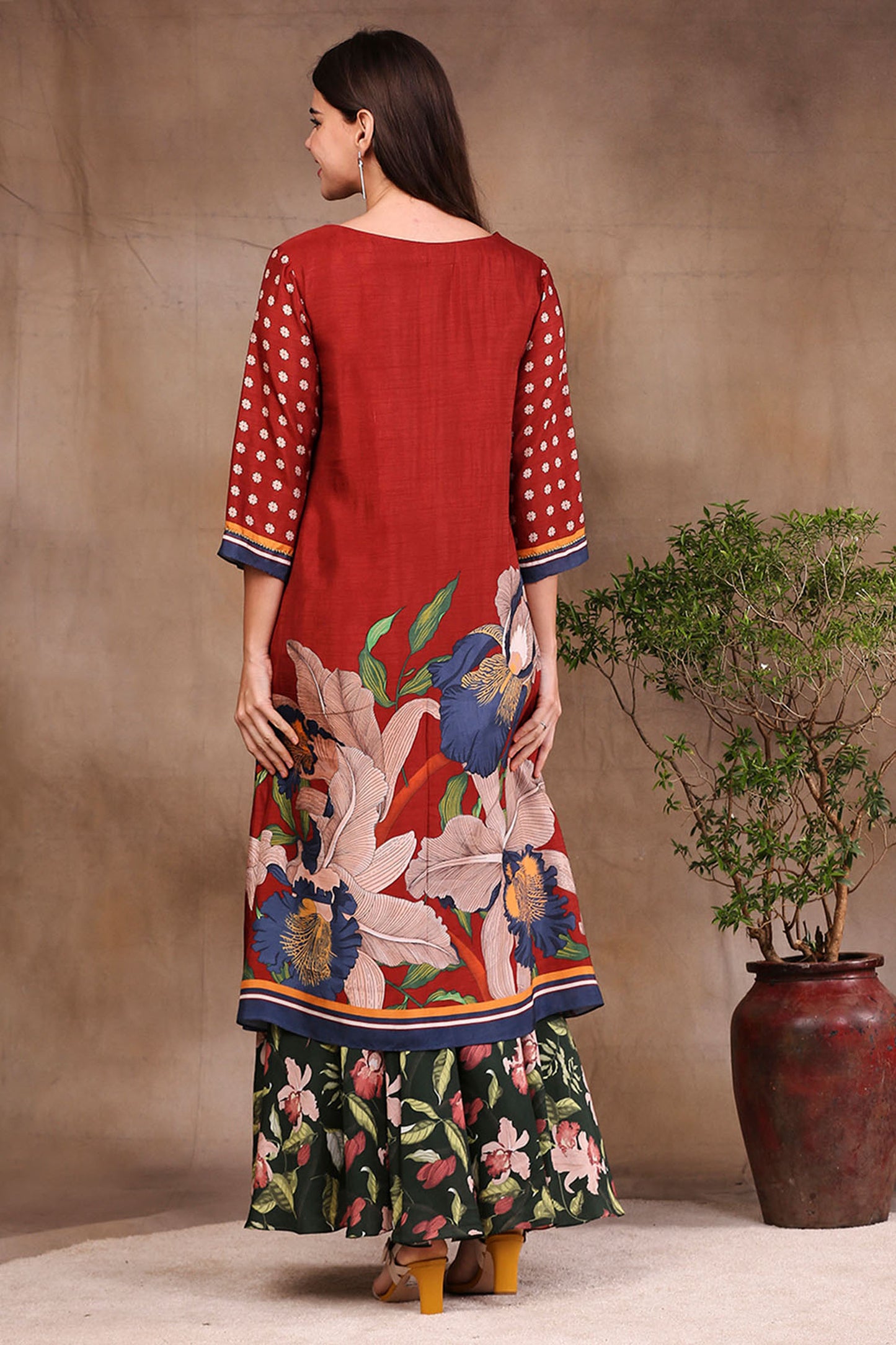 Maroon Malaysian Silk Orchid Bloom Printed Kurta With Draped Pants