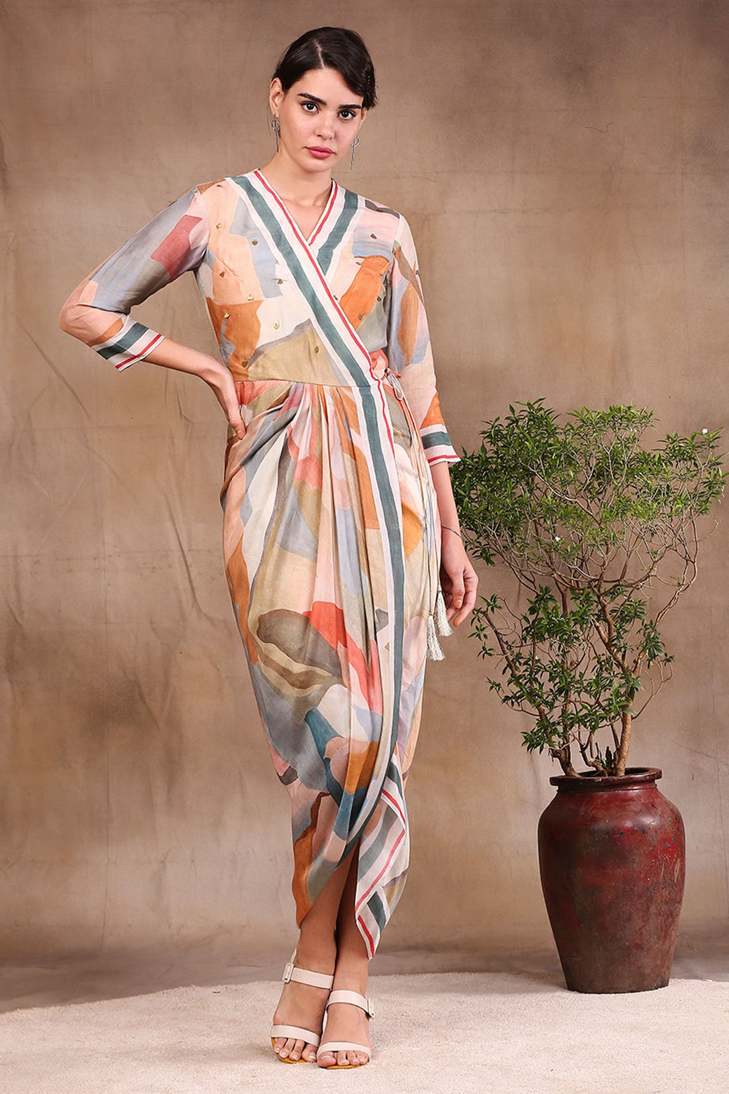 Multi color Cotton Silk Conversational Printed Overlap Drape Dress