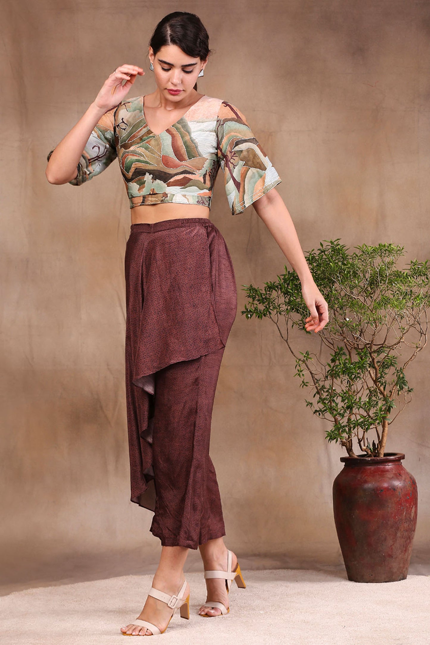 Conversational Printed Crop Top With Drape Pants