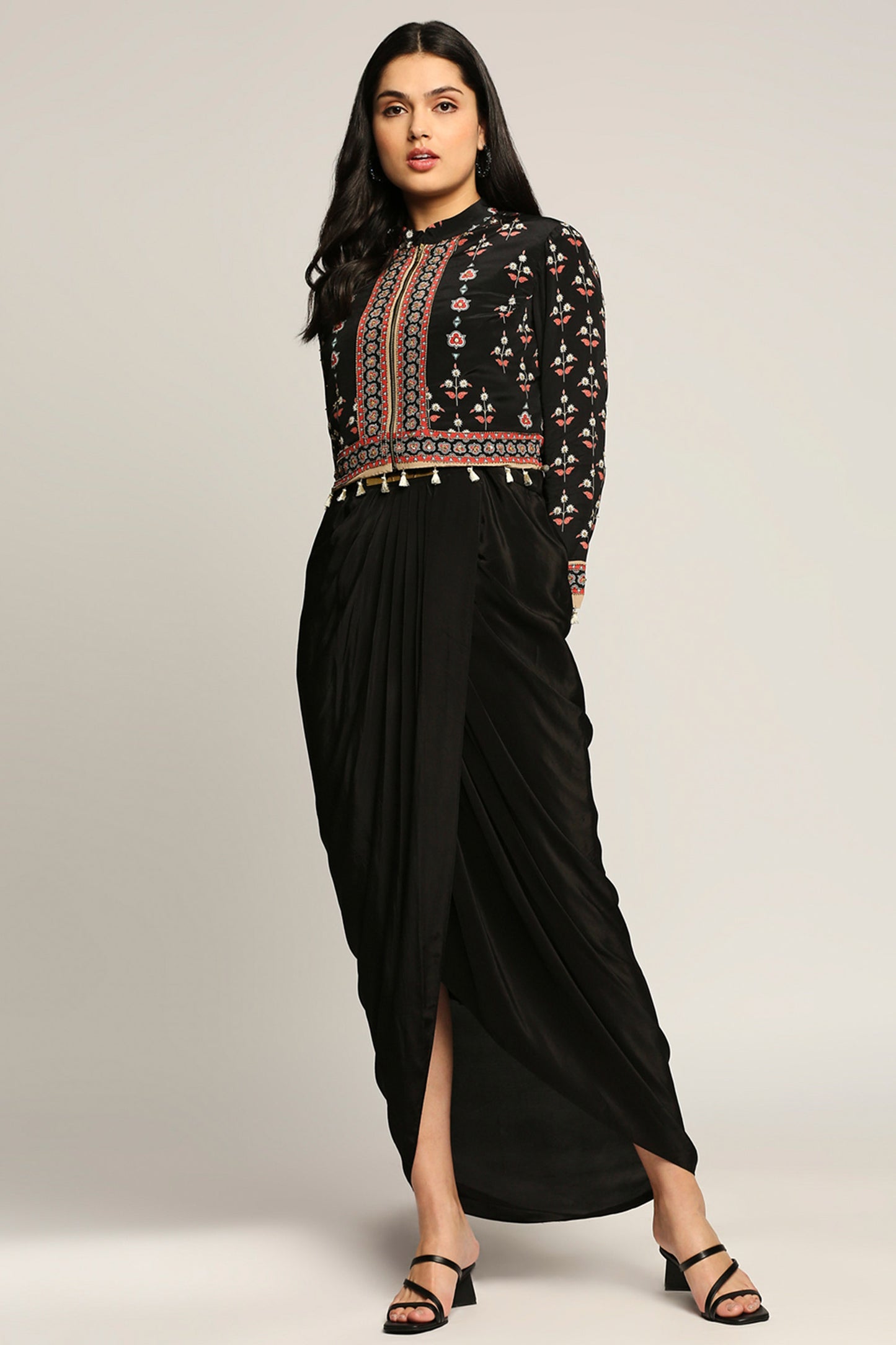 Ethnic folklore printed top with drape skirt