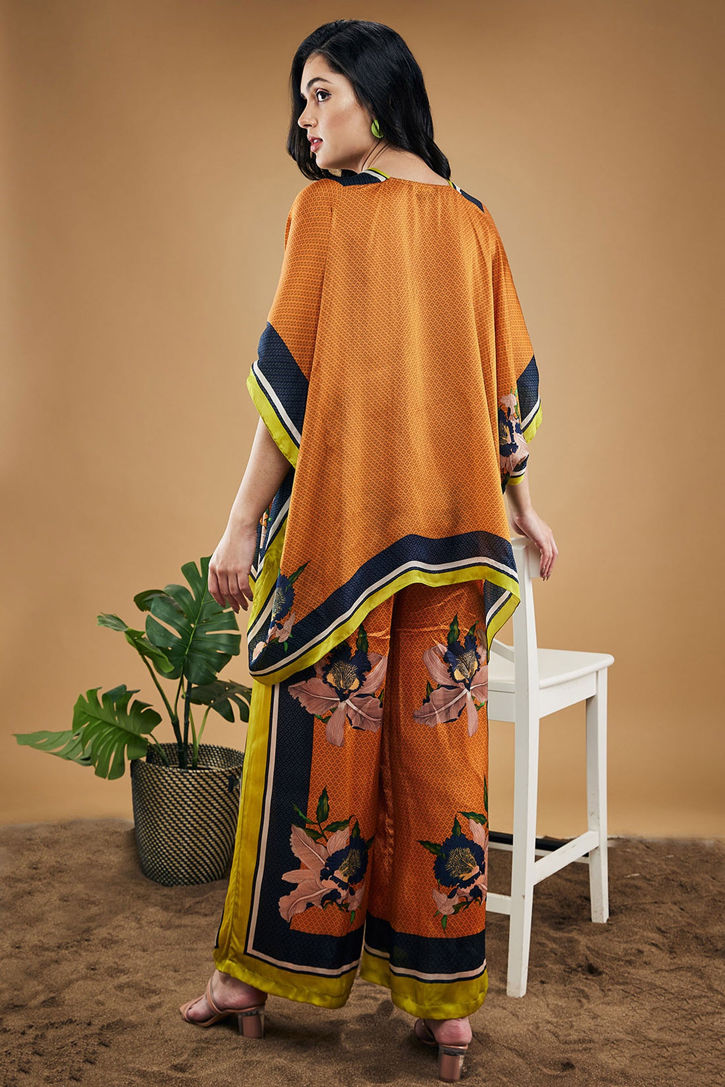 Orange Orchid Bloom Printed Kimono Shirt With Pants