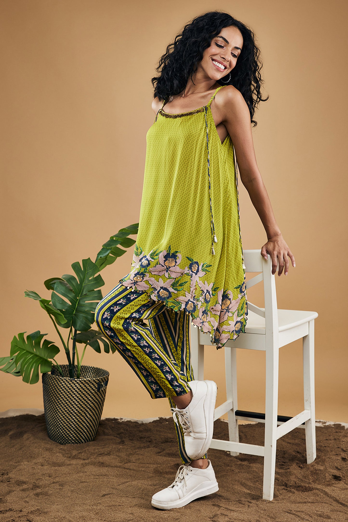 Green Orchid Bloom Embellished Top With Pants