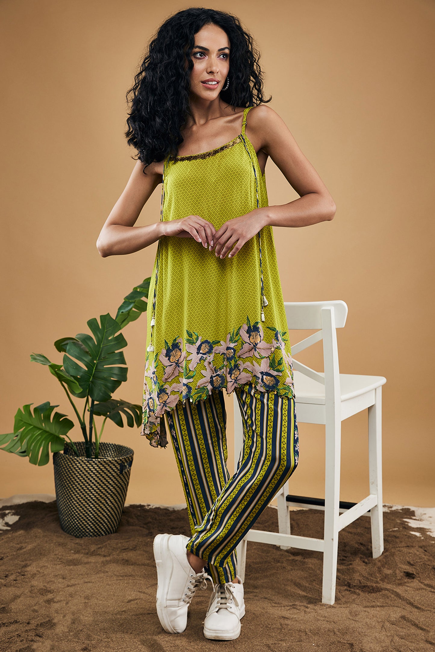 Green Orchid Bloom Embellished Top With Pants