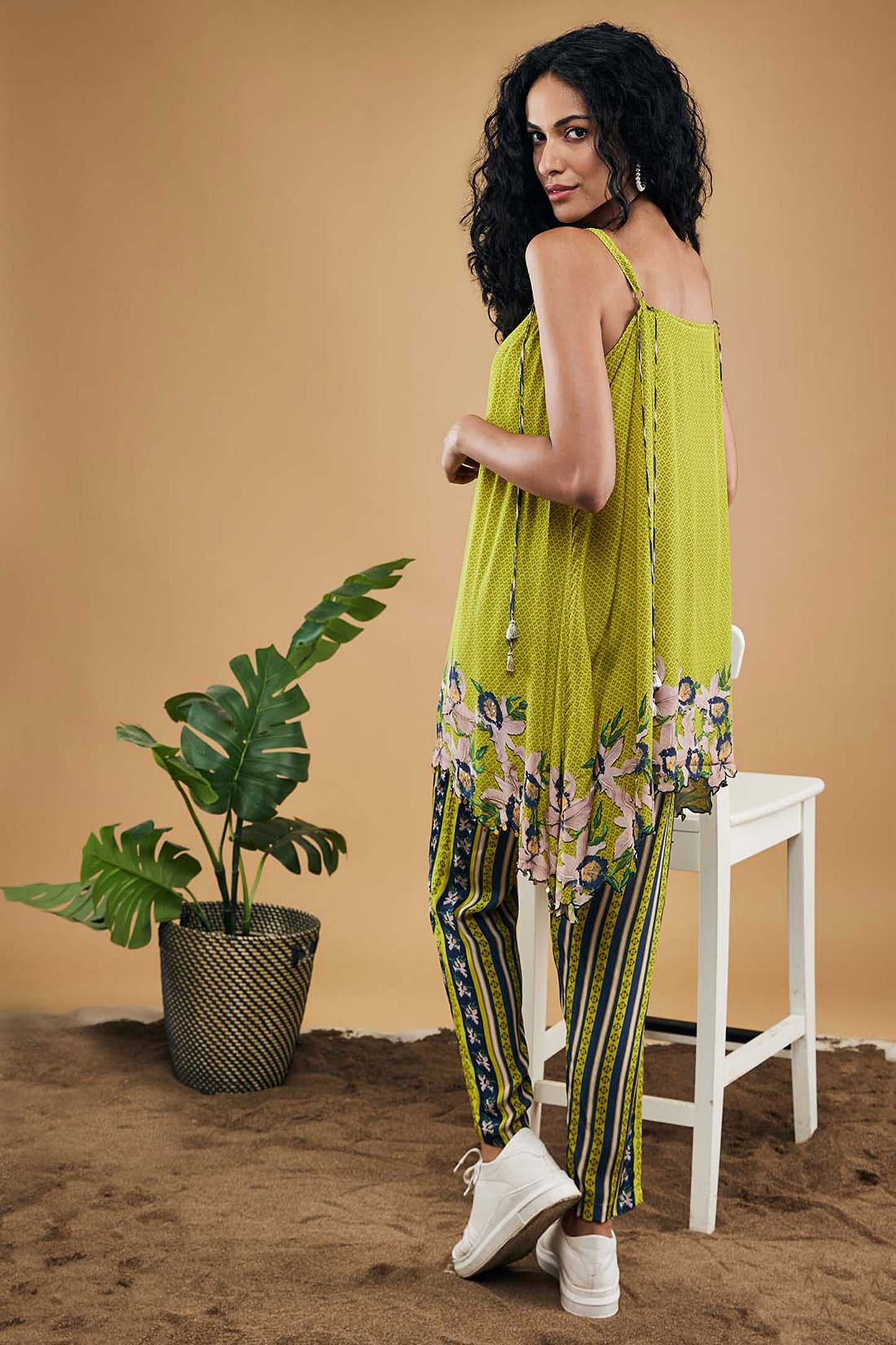 Green Orchid Bloom Embellished Top With Pants