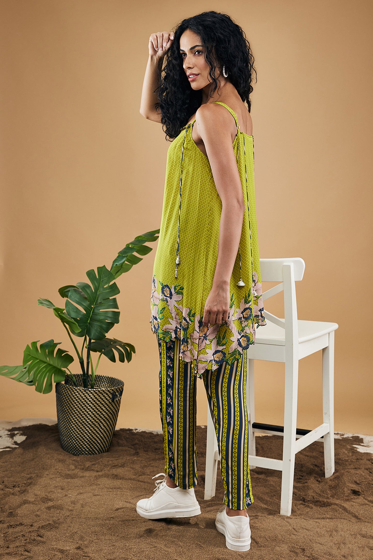 Green Orchid Bloom Embellished Top With Pants