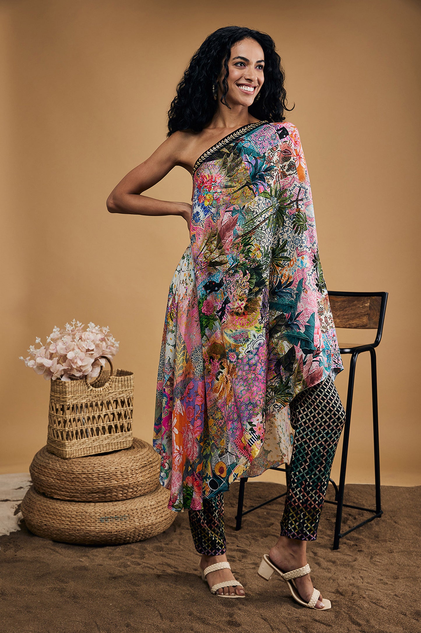 Tropical Twilight Printed One-Shoulder Kurta With Pants