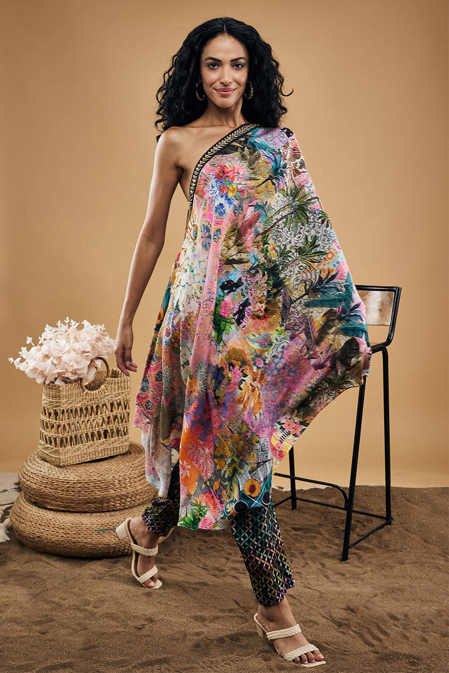 Tropical Twilight Printed One-Shoulder Kurta With Pants