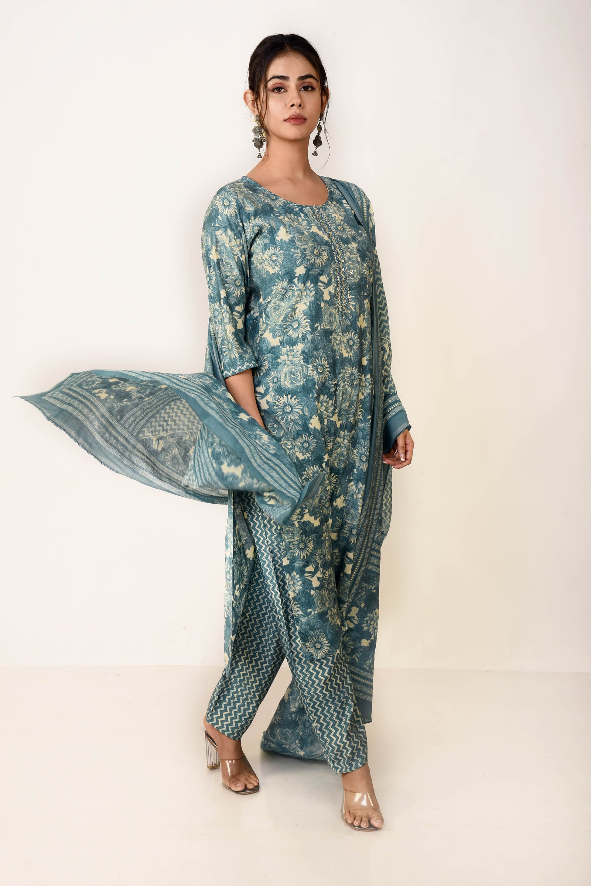 Blue Color Satin Printed Straight Fit Kurta