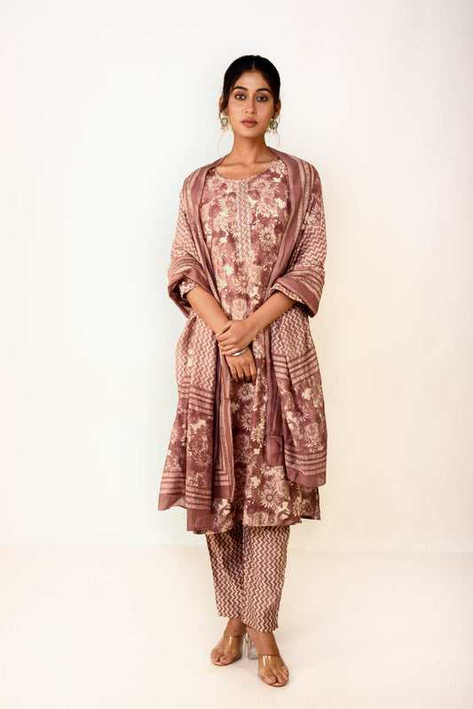 Dusty Wine Color Satin Printed Straight Fit Kurta