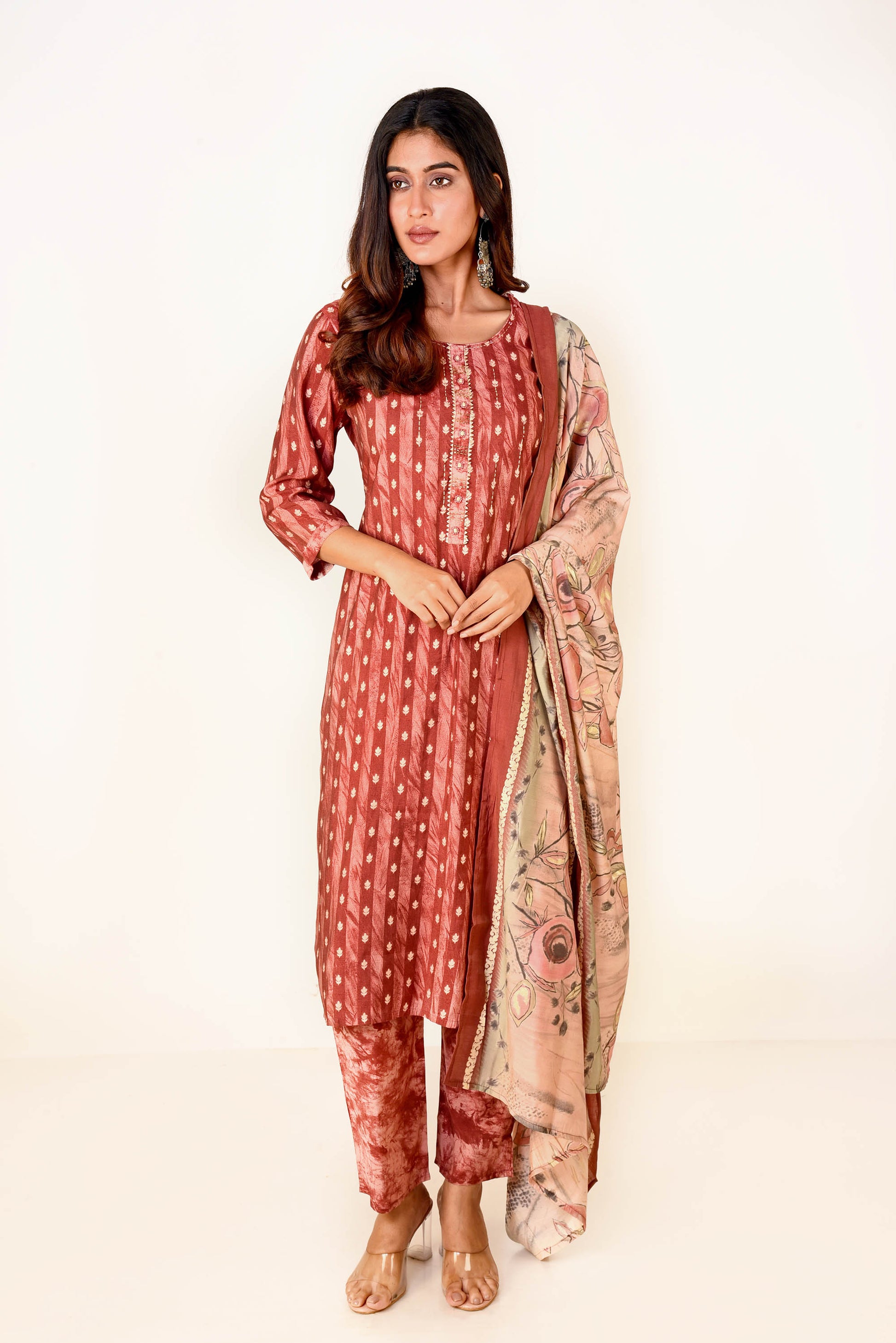 Light Maroon Modal Satin Printed Straight Fit Kurta