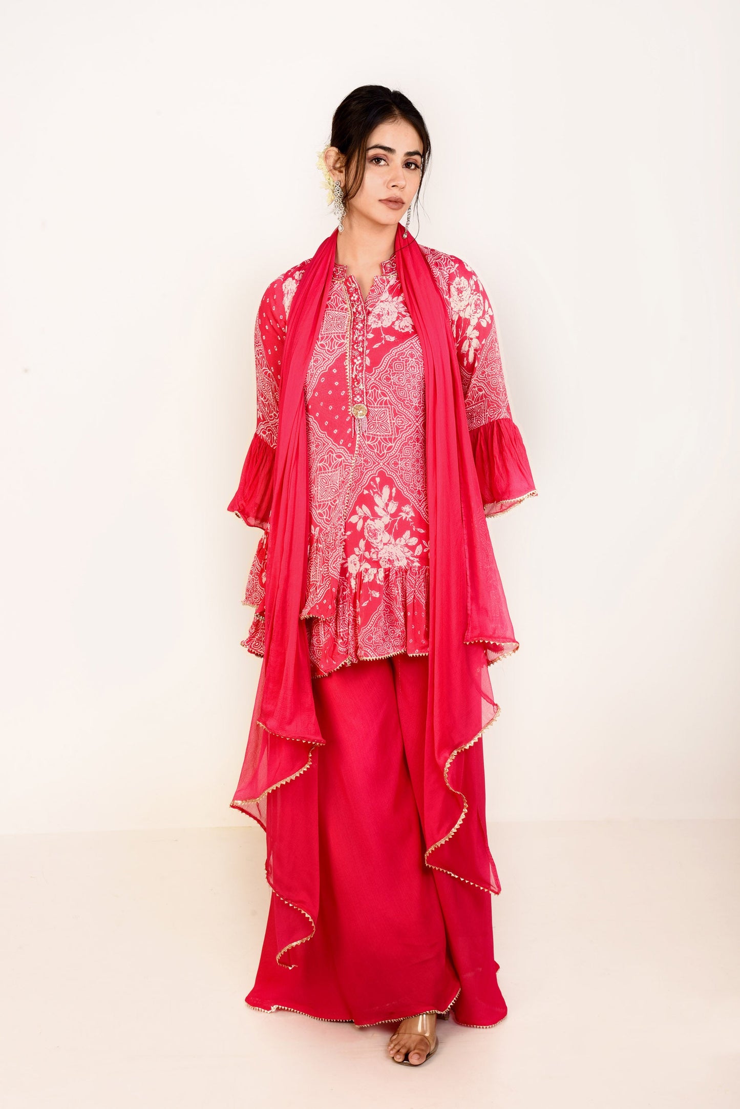 Hot Pink Printed Sharara set with Embroidery