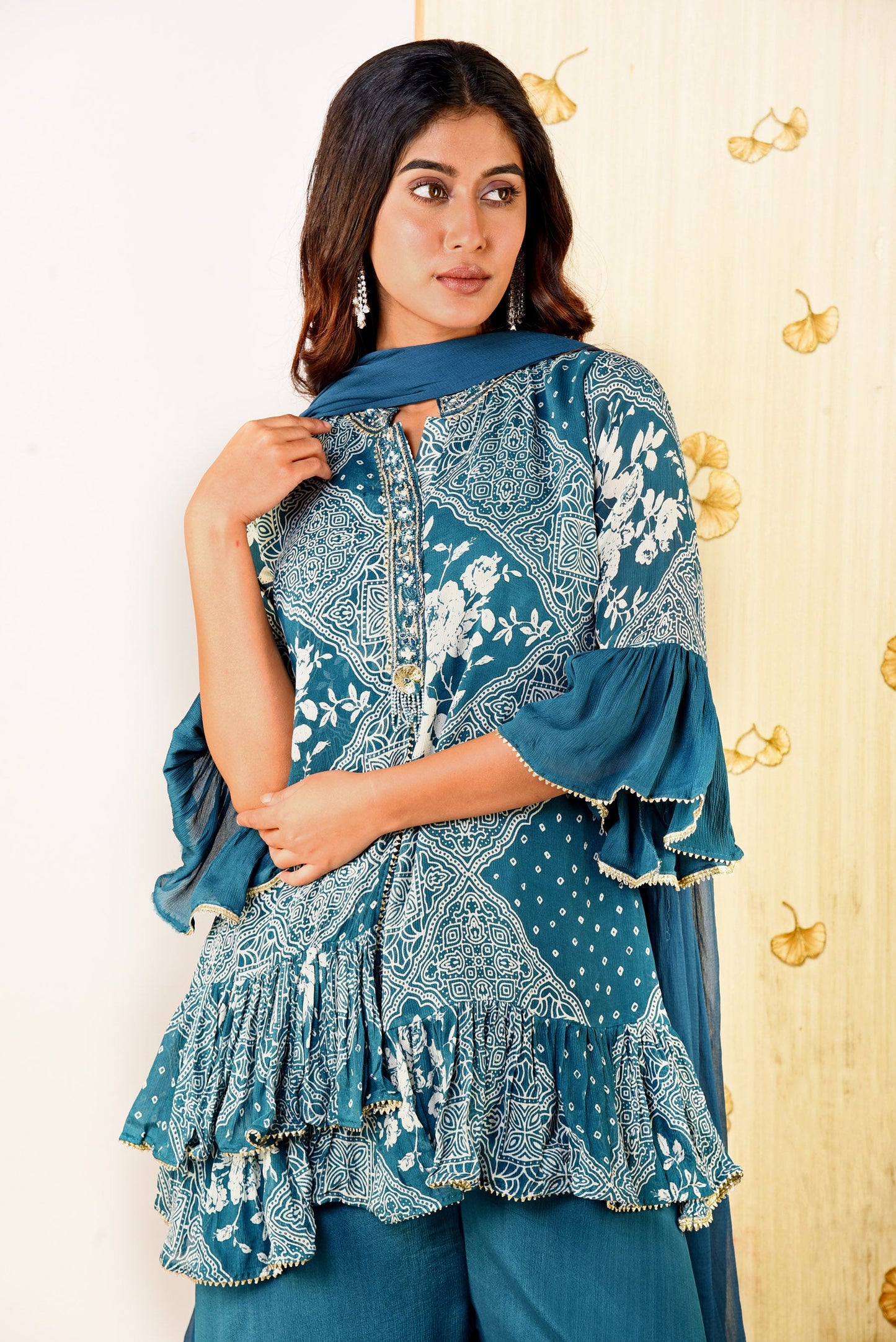 Oceanic Blue Printed Sharara set with Embroidery