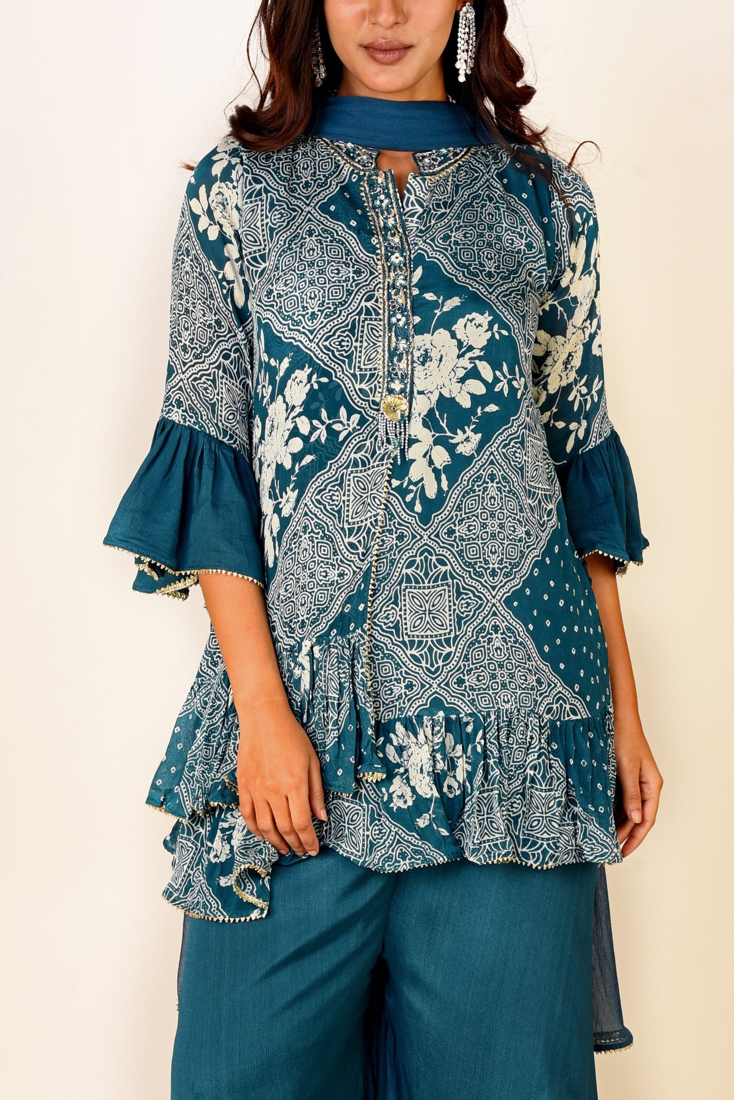 Oceanic Blue Printed Sharara set with Embroidery