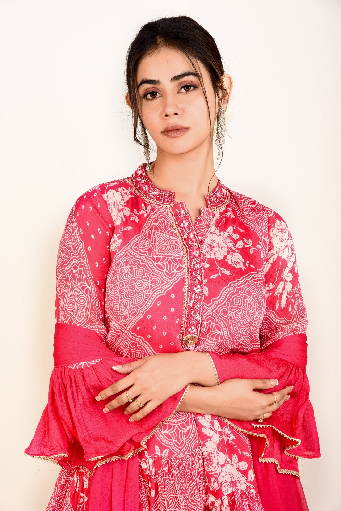 Hot Pink Printed Sharara set with Embroidery