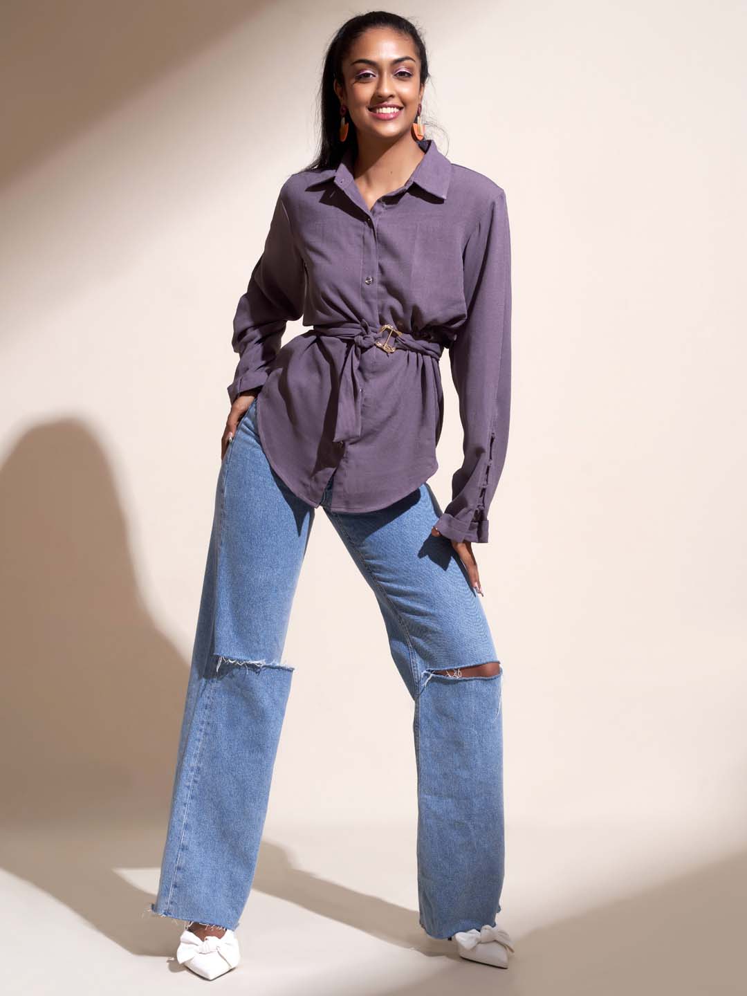 Mauve Solid Poly Viscose Straight Shirt