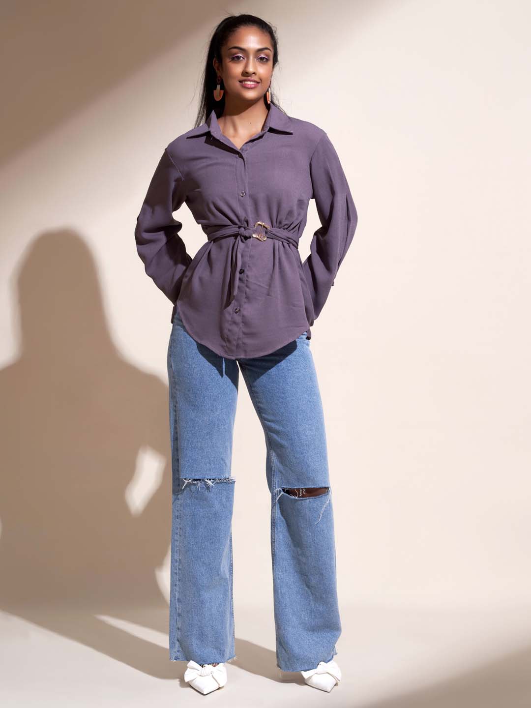 Mauve Solid Poly Viscose Straight Shirt