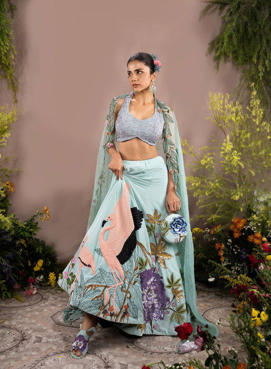 Sky Blue Velvet Sequins Embroidered Designer Flying Soul Bridal Lehenga