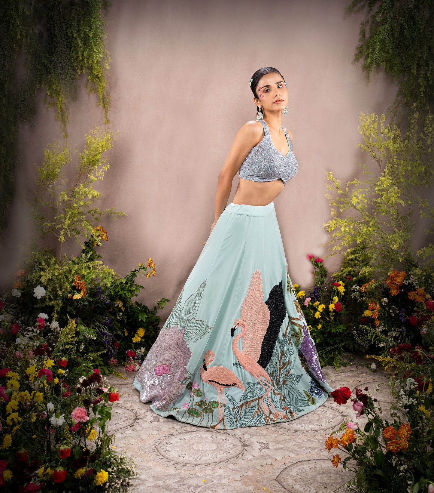 Sky Blue Velvet Sequins Embroidered Designer Flying Soul Bridal Lehenga