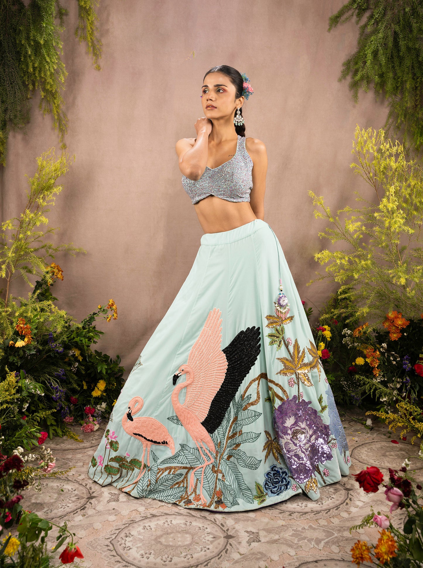 Sky Blue Velvet Sequins Embroidered Designer Flying Soul Bridal Lehenga