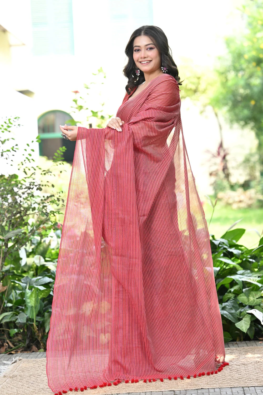 Handloom Red Mulmul Cotton Saree With Stripes