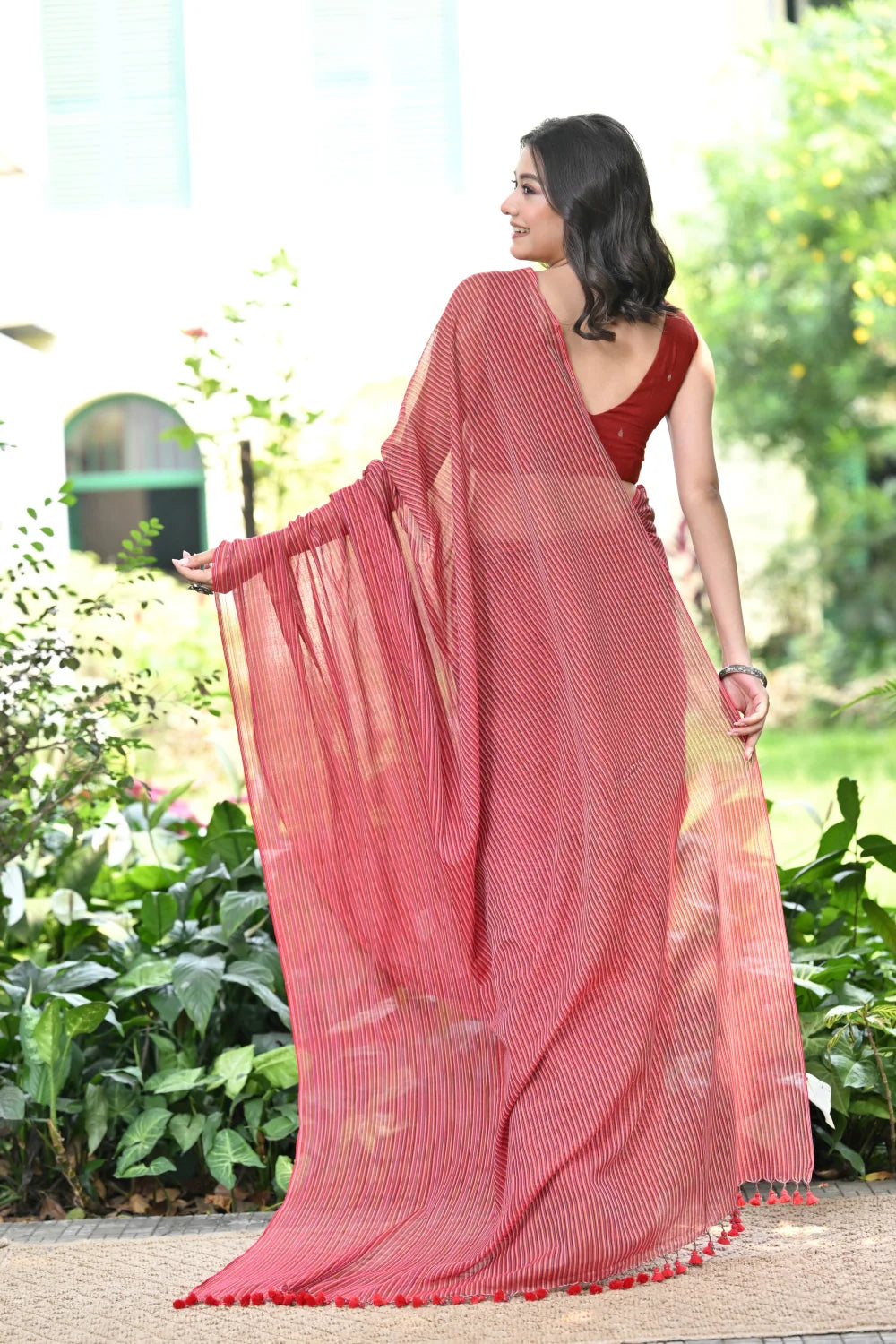 Handloom Red Mulmul Cotton Saree With Stripes