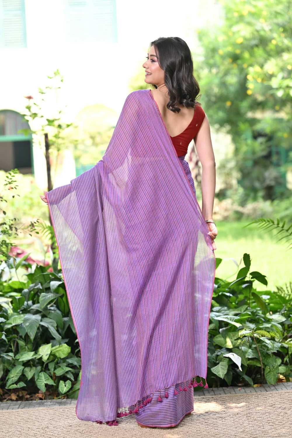 Handloom Purple Mulmul Cotton Saree With Stripes