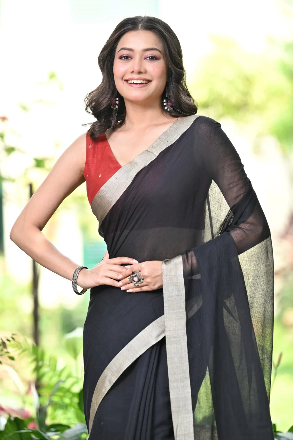 Handloom Black Pure Cotton Saree With Tussar Silk Border & Jute Pallu