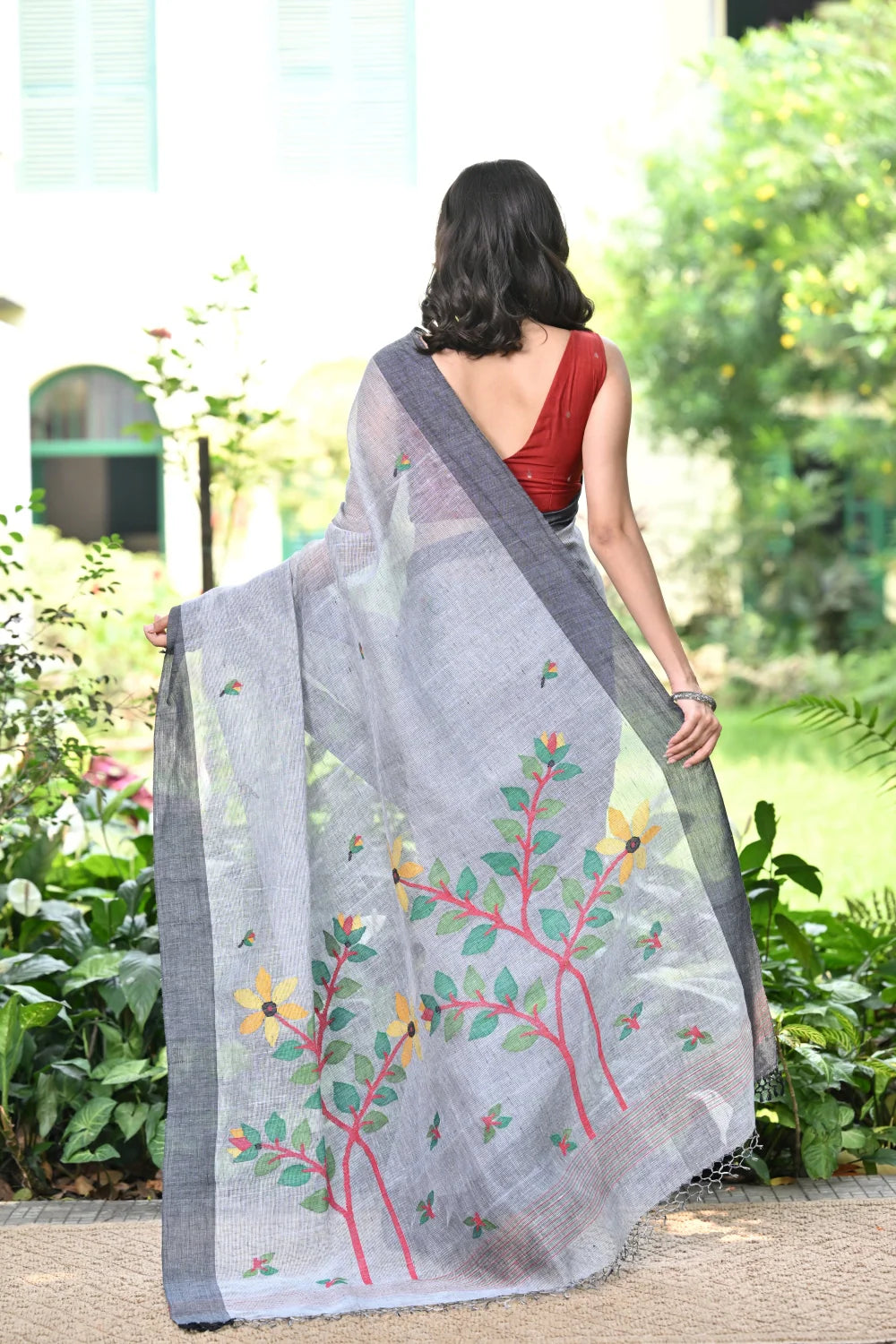 Handloom Grey Pure Linen Jamdani Saree