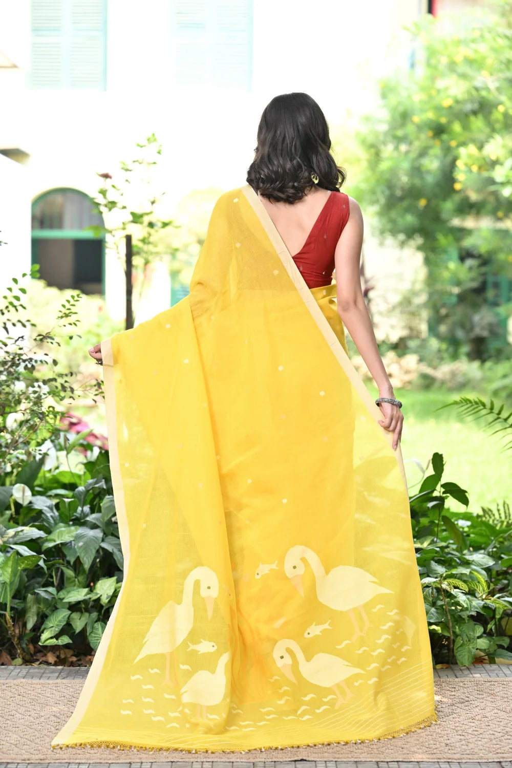 Handloom Maize Yellow Contemporary Jamdani With Bird Motifs Saree